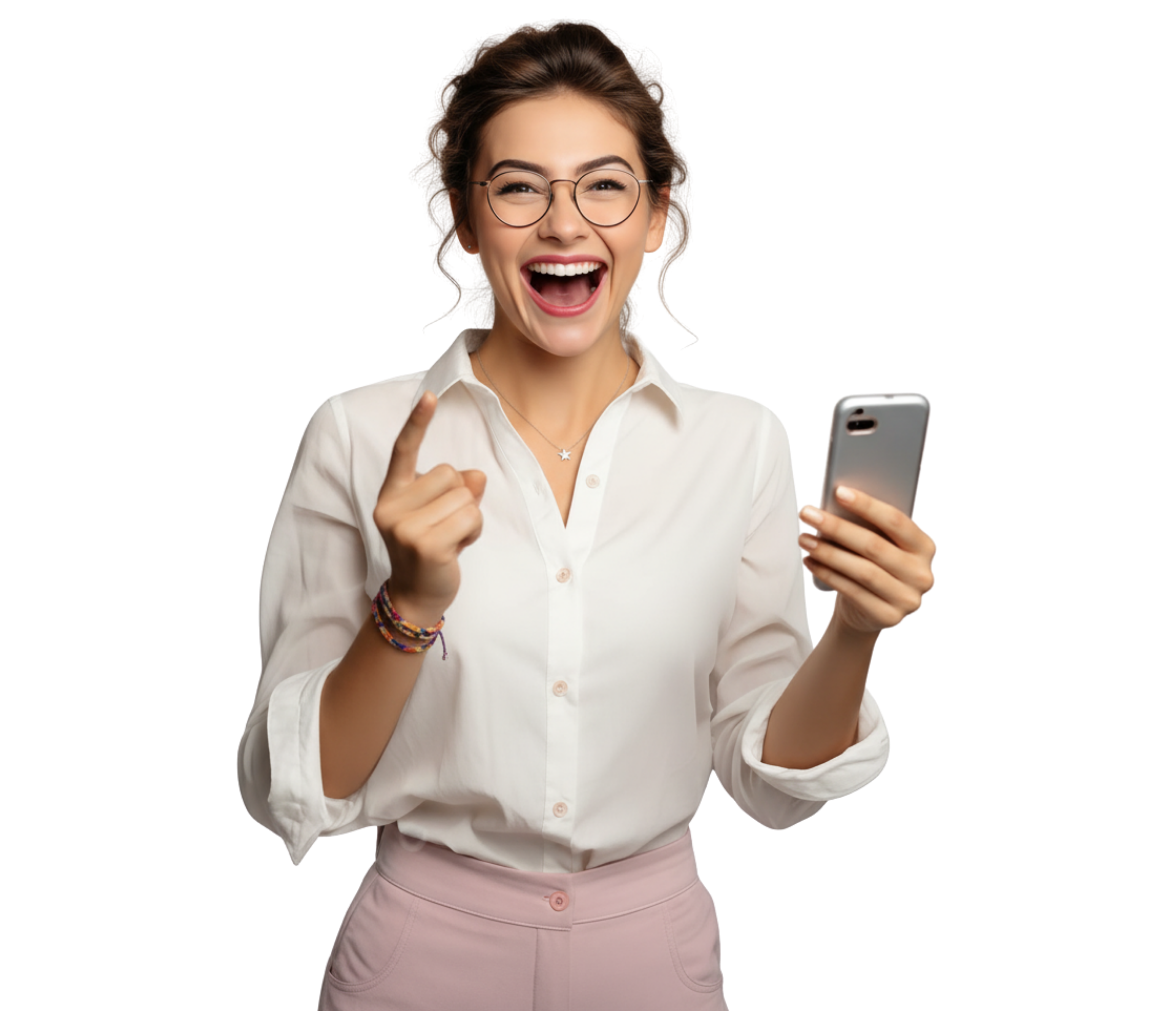 An excited woman pointing at her smartphone.