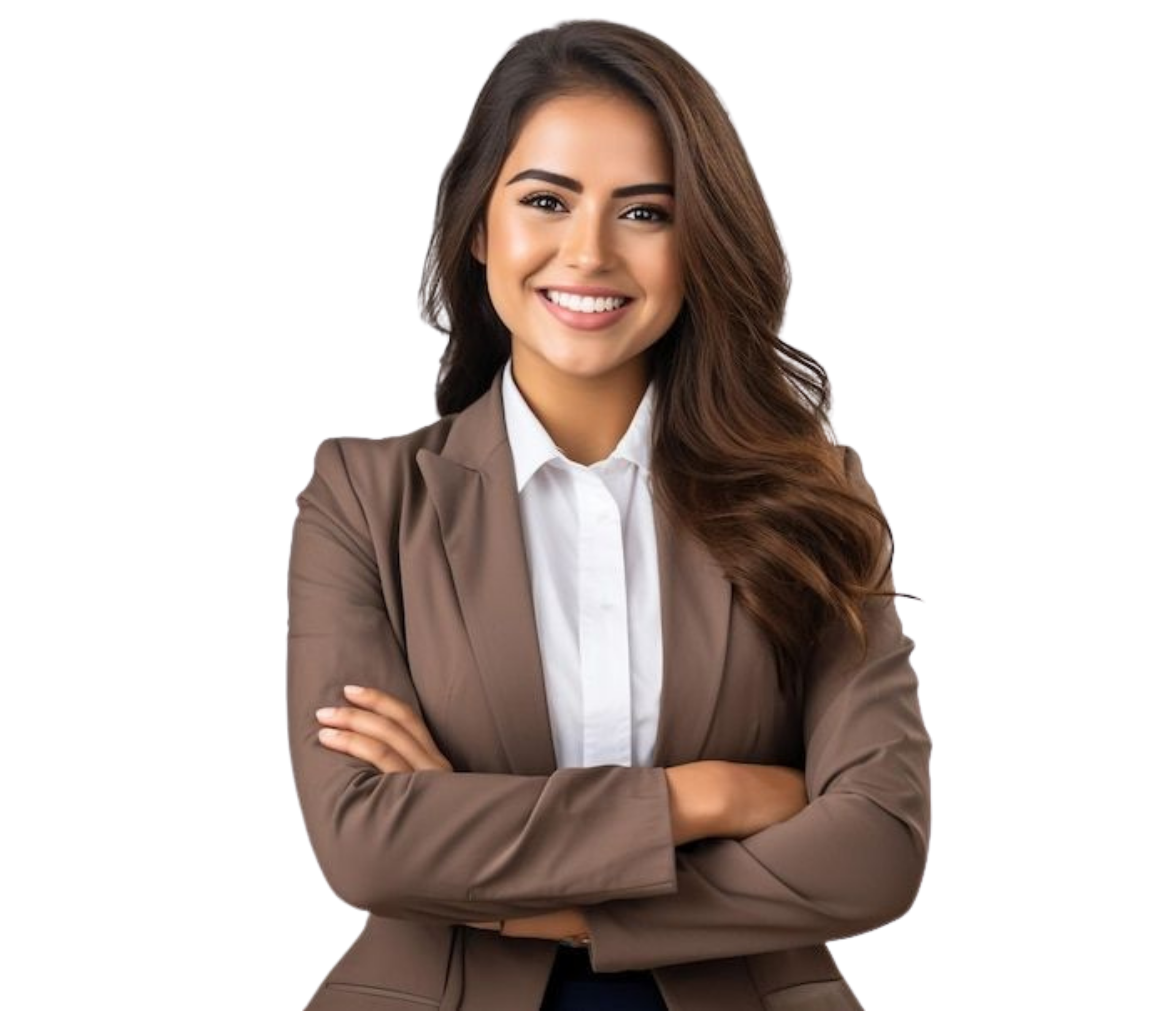 A smiling professional woman with her arms crossed.